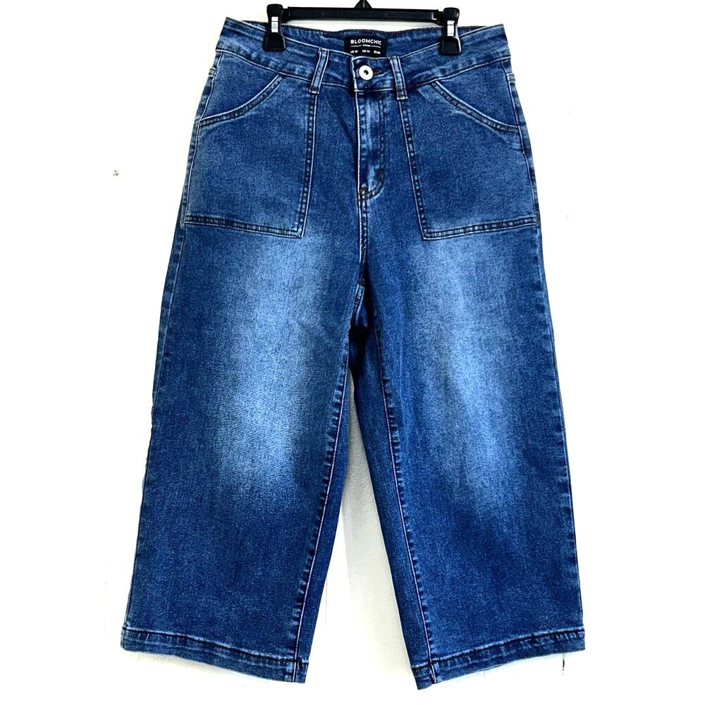 BloomChic Women Denim Wide Leg Culottes Cropped Jeans Size 10 With Pockets
